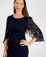 Connected Petite Lace-Sleeve Side-Gathered Sheath Dress