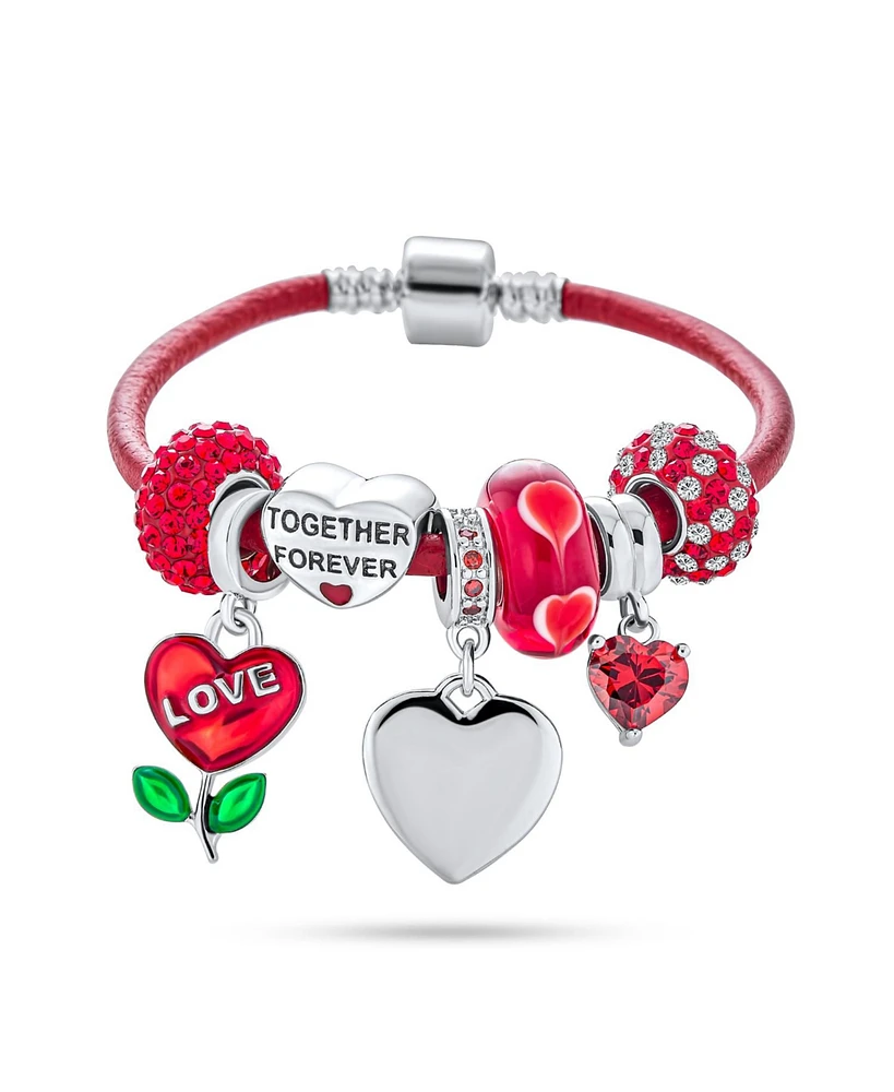 Bling Jewelry Initials Love Bff Friendship Heart Valentine Starter Beads Multi Charm Bracelet Red Leather For Women .925 Sterling Silver European Barr