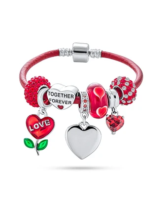 Bling Jewelry Initials Love Anniversary Bff Friendship Heart Valentine Starter Beads Multi Charm Bracelet Red Leather For Women .925 Sterling Silver E