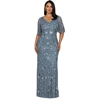 Lara Women's V-Neck, Cape Sleeve Beaded Gown