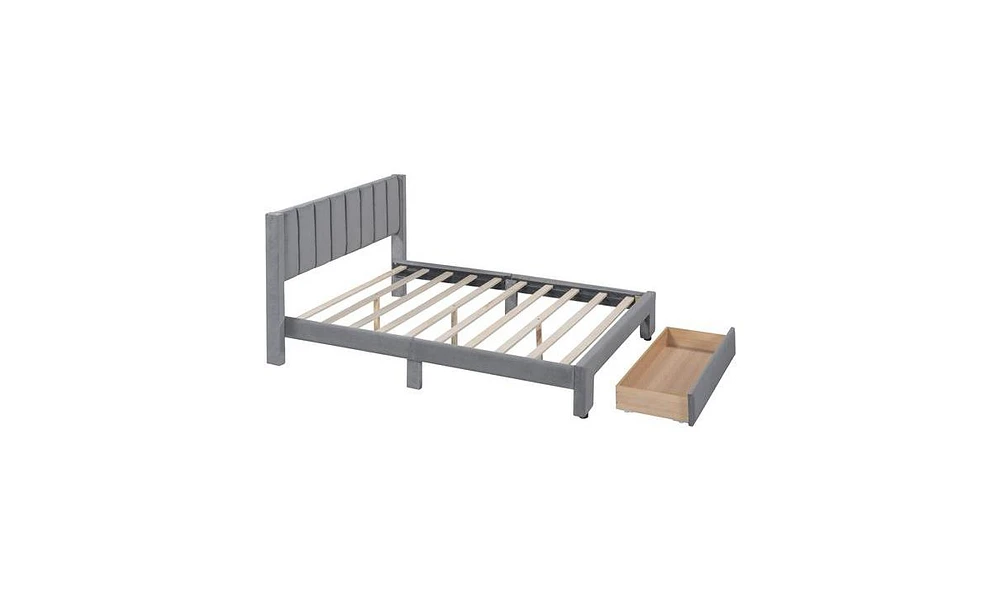 Slickblue Full Size Storage Bed Velvet Upholstered Platform Bed with a Big Drawer