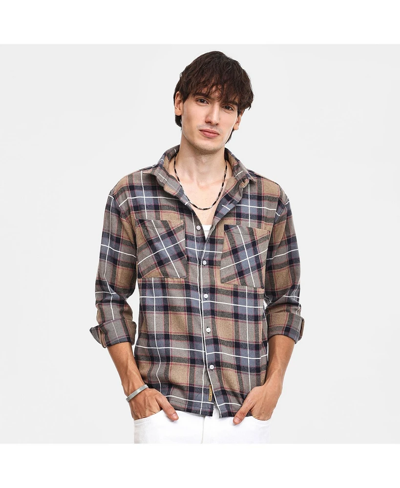 Campus Sutra Men's Icy Blue & Saltbox Beige Tartan Plaid Utility Shirt