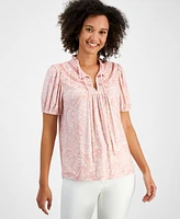 Nautica Jeans Women's Printed Tie-Neck Puff-Sleeve Top