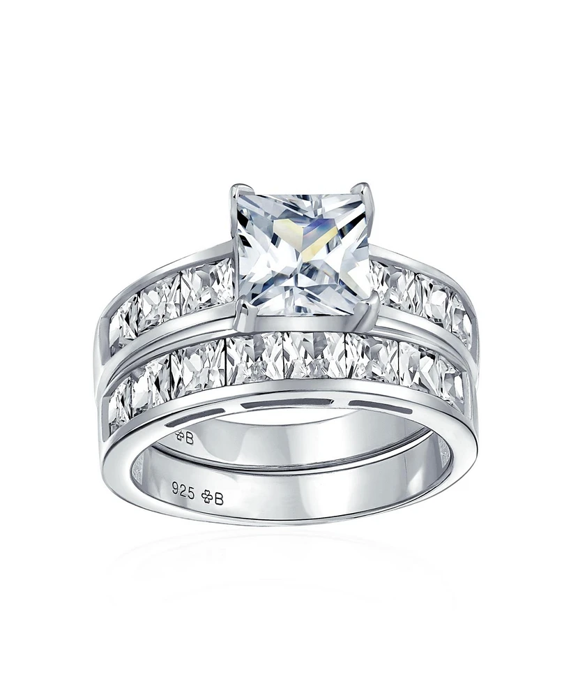 Bling Jewelry 2CT Princess Cut Solitaire Side Stone Cz Square Anniversary Band Engagement Wedding Ring Set .925 Sterling Silver