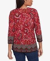 Ruby Rd. Petite Embellished Envelope Neck Paisley Border Printed Knit Top