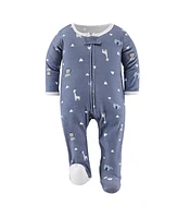 The Peanutshell Baby Boys Blue Safari Footed Sleepers for Boys, 3 Pack