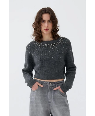 Nocturne Women's Stone Embellished Crop Sweater