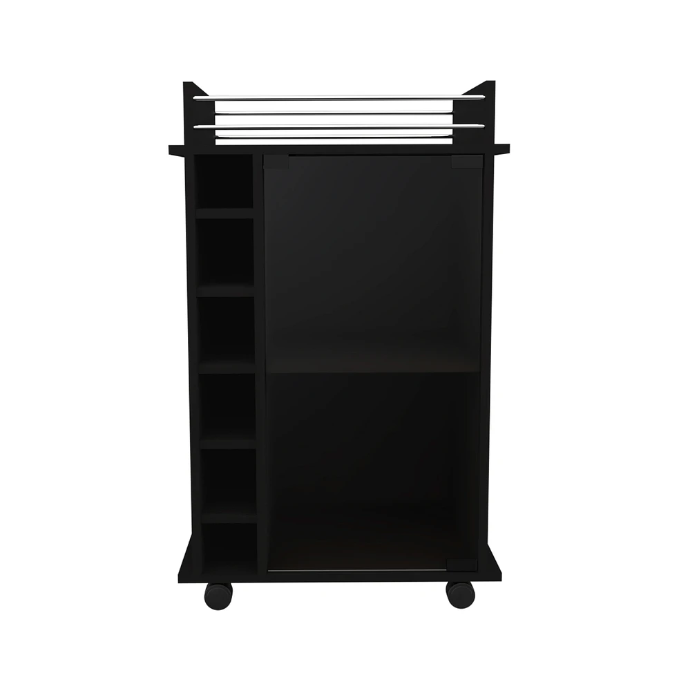 Depot E-Shop Huali Bar Cart, Six Built-in Wine Rack, Glass Door, Four Casters, Two Shelves