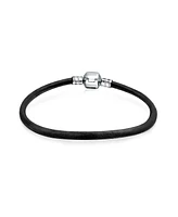 Bling Jewelry Simple Black Leather Bracelet For Women For Starter Charm Fits European Beads Sterling Silver 6.5 Inches