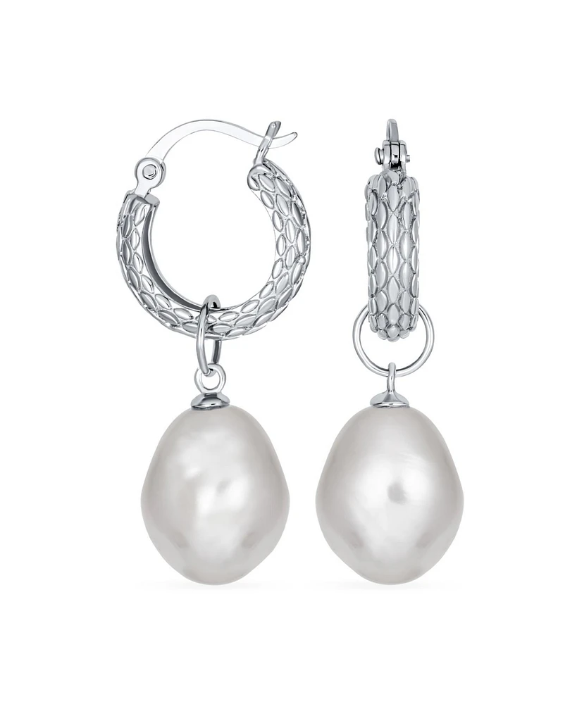 Bling Jewelry Elegant .925 Sterling Silver Simple White Freshwater Cultured Baroque Pearl Teardrop Mini Hoop Huggie Dangling Earrings 2 Ways to Wear D