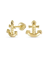 Bling Jewelry Petite Small Tropical Beach Vacation Honeymoon Simple Nautical Boat Anchor Screw Back Stud Earrings For Women Yellow 14K Gold