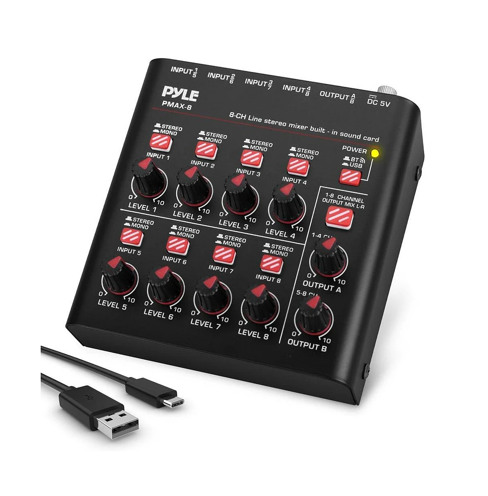 Pyle Compact Bluetooth 8-Channel Line Mixer with Usb Audio Interface