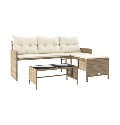 vidaXL Patio Sofa with Table and Cushions L-Shaped Beige Poly Rattan