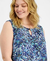 Kasper Plus Size Printed Pleated Keyhole-Neck Top