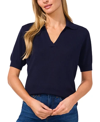 CeCe Women's Short Sleeve Collared Polo V-Neck Sweater