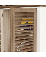 Famapy Brown Wood Shutter Doors Armoires Wardrobe with Thick Base, 4-Drawers