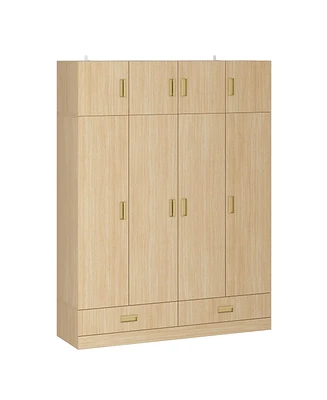 Famapy Brown Wood 8-Door Big Wardrobe Armoires with Hanging Rod,2-Drawers