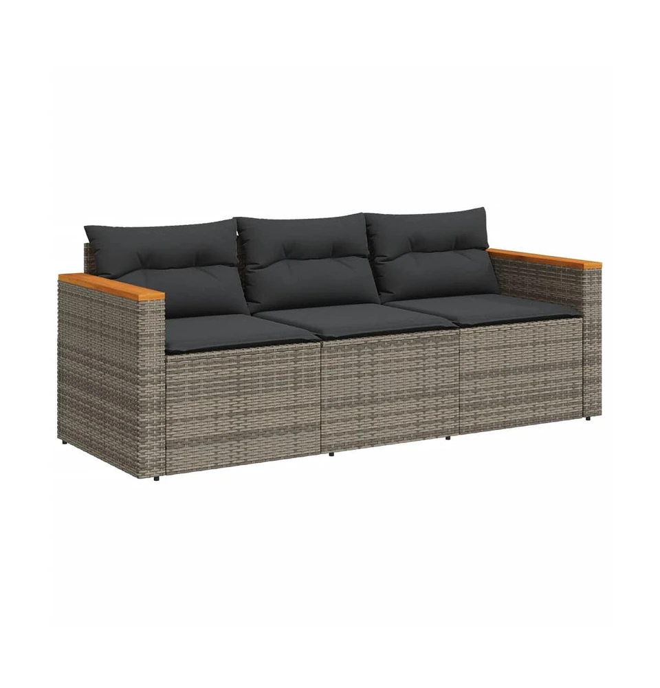 vidaXL Patio Sofa with Cushions 3-Seater Gray Poly Rattan