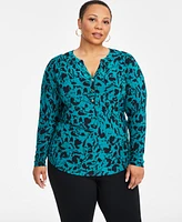 I.n.c. International Concepts Plus Printed Split-Neck Long-Sleeve Top, Created for Macy's