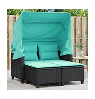 vidaXL Patio Sofa 2-Seater with Canopy and Stools Poly Rattan