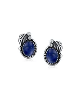 Bling Jewelry Native American Style Natural Blue Lapis Lazuli Round Bezel Leaf Rope Edged Stud Earrings Western Jewelry For Women Oxidized .925 Sterli