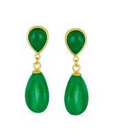 Bling Jewelry Classic Simple Dangle Delicate Double Teardrop Natural Black Onyx Green Jade Drop Earrings For Women 14K Yellow Gold Overlay .925 Sterli