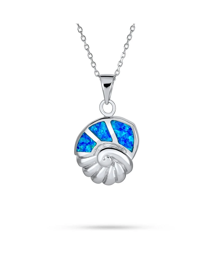 Bling Jewelry Large Vacation Blue Created Opal Inlay Nautical Tropical Beach Sand Conch Snail Shell Pendant Necklace For Women .925 Sterling Silver