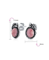 Bling Jewelry Native American Style Natural Pink Rhodochrosite Oval Bezel Leaf Rope Edged Stud Earrings Western Jewelry For Women Oxidized .925 Sterli