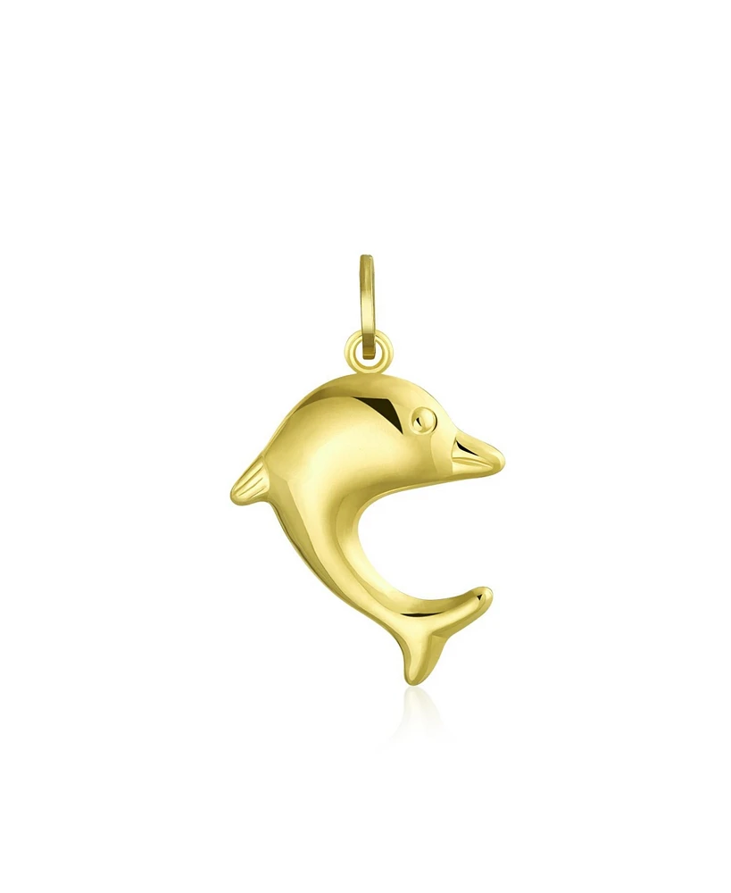 Bling Jewelry Small Danity Vacation Real 14K Yellow Gold Nautical Sea Fish Dolphin Pendant Necklace For Women No Chain