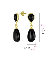 Bling Jewelry Classic Simple Dangle Delicate Double Teardrop Natural Black Onyx Drop Earrings For Women 14K Yellow Gold Overlay .925 Sterling Silver