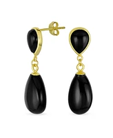 Bling Jewelry Classic Simple Dangle Delicate Double Teardrop Natural Black Onyx Drop Earrings For Women 14K Yellow Gold Overlay .925 Sterling Silver