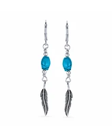 Bling Jewelry Boho South West Native American Indian Style Stabilized Blue Turquoise Oval Feather Leaf Lever back Dangle Earrings Western Jewelry Oxid