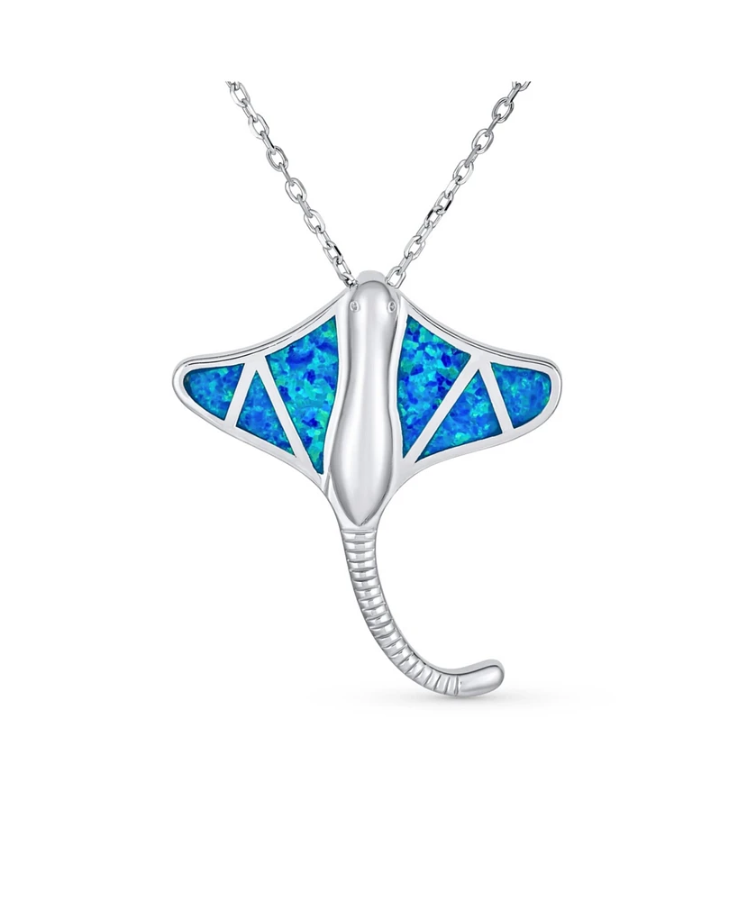 Bling Jewelry Large Nautical Ocean Blue Created Opal Inlay Stingray Pendant Necklace For Women .925 Sterling Silver