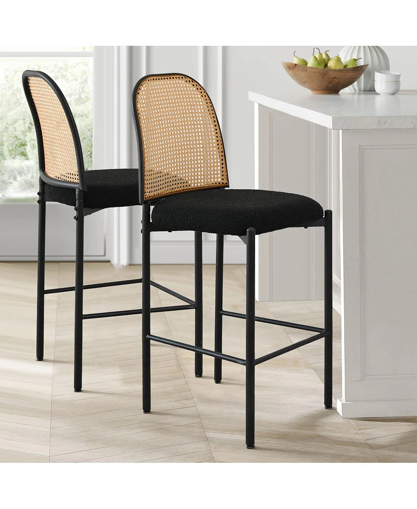 Maison Boucle Set Of 2 Upholstered Counter Stool With Rattan Back Cane-Maison