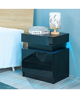 Slickblue Led Nightstand Modern Black Nightstand with Led Lights Wood Led Bedside Table Nightstand with 2 High Gloss Drawers for Bedroom