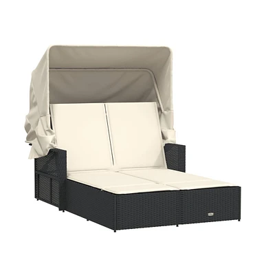 vidaXL Double Sun Lounger with Canopy and Cushions Poly Rattan