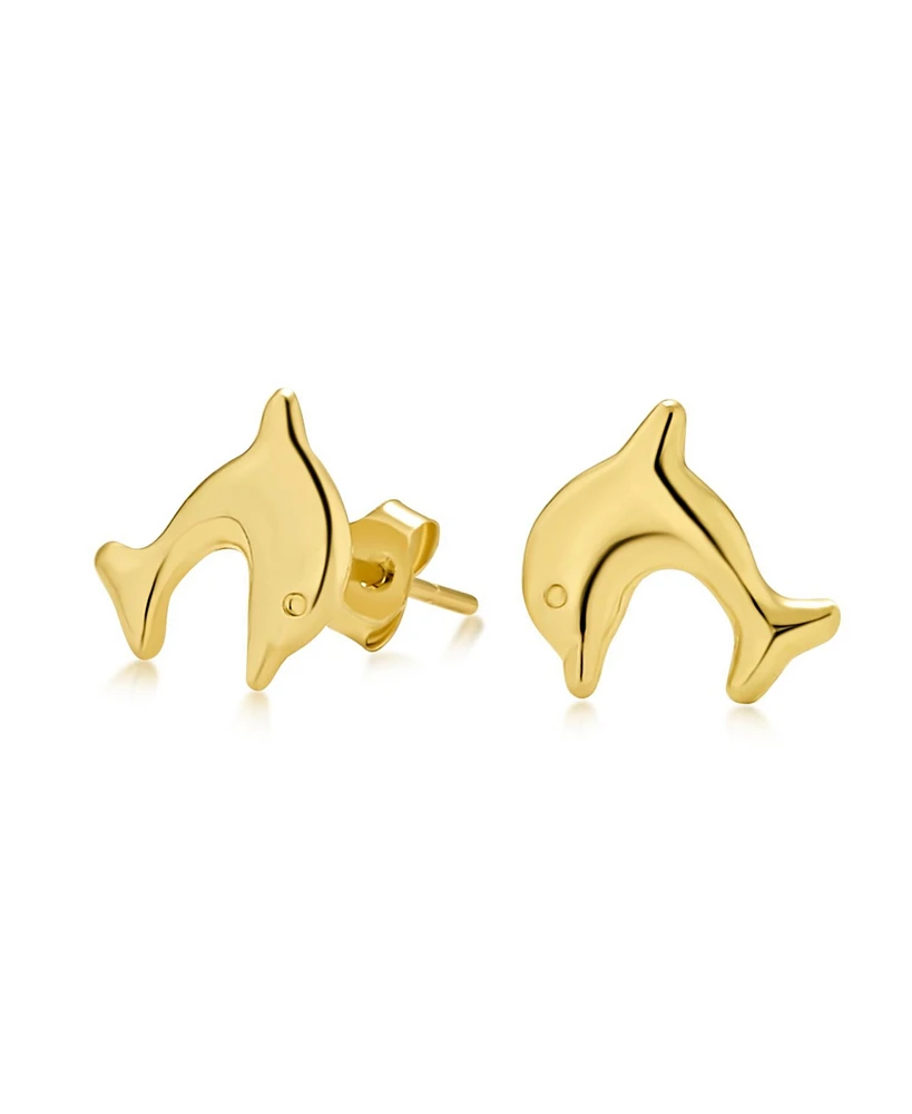 Bling Jewelry Petite Tiny Nautical Vacation Dolphin Real Yellow 14K Gold Stud Earrings For Women Secure Push Back