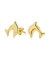 Bling Jewelry Petite Tiny Nautical Vacation Dolphin Real Yellow 14K Gold Stud Earrings For Women Secure Push Back