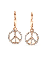 Bling Jewelry Message World Peace Sign Symbol Cubic Zirconia Pave Cz Lever back Drop Dangle Earrings For Women Rose Gold Plated .925 Sterling Silver