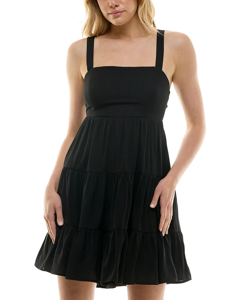 Trixxi Juniors' Solid Tie-Back Tiered Fit & Flare Woven Dress