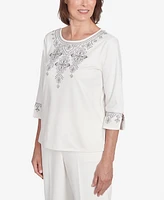 Alfred Dunner Women's Copenhagen Medallion Collar Embroidery Solid Top