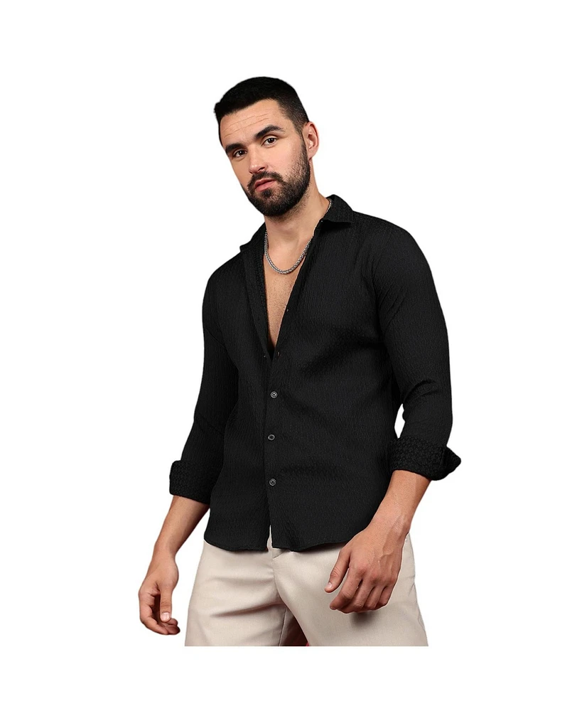 Campus Sutra Men's Onyx Black Chain-Creased Shirt