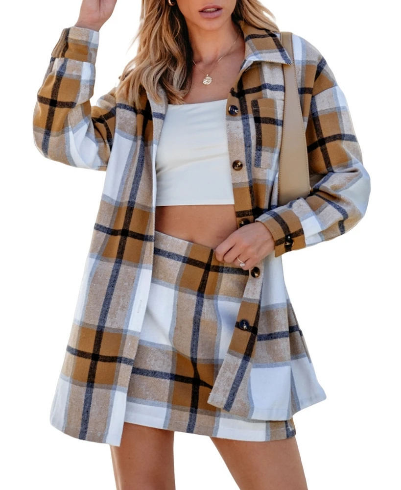 Cupshe Women's Plaid Collared Button Up Top & Mini Skirt Set