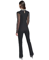 Karl Lagerfeld Paris Women's Embellished Mesh-Sleeve Top