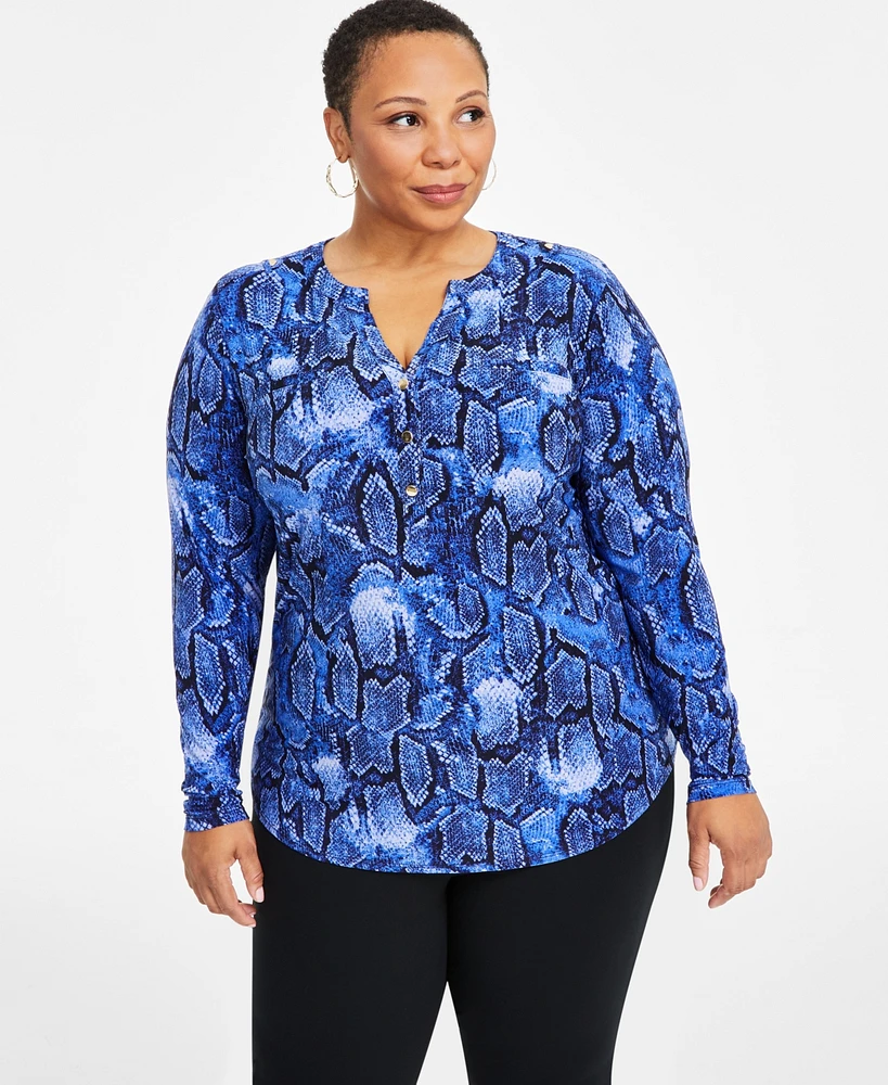 I.n.c. International Concepts Plus Printed Split-Neck Long-Sleeve Top, Created for Macy's