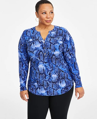 I.n.c. International Concepts Plus Printed Split-Neck Long-Sleeve Top, Created for Macy's