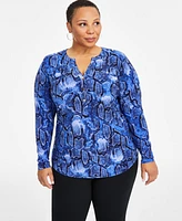 I.n.c. International Concepts Plus Printed Split-Neck Long-Sleeve Top, Created for Macy's