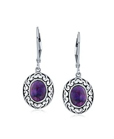 Bling Jewelry Western Style 3CT Oval Stabilized Purple Turquoise Bezel Dangle Lever Back Earrings For Women .925 Sterling Silver