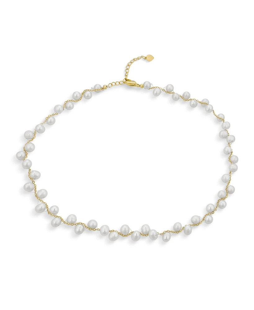 Bling Jewelry Delicate Multi Staggered Cultured White Baroque Pearl Strands Necklace Choker Intertwined Chain 18K Yellow Gold Plated 14 Inch Adjustabl