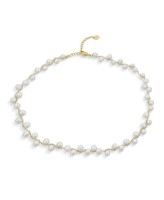 Bling Jewelry Delicate Multi Staggered Cultured White Baroque Pearl Strands Necklace Choker Intertwined Chain for Women 18K Yellow Gold Plated 14 Inch